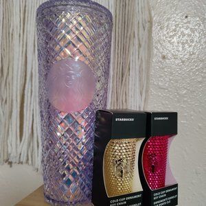 Starbucks iridescent tumbler and metallic ornaments